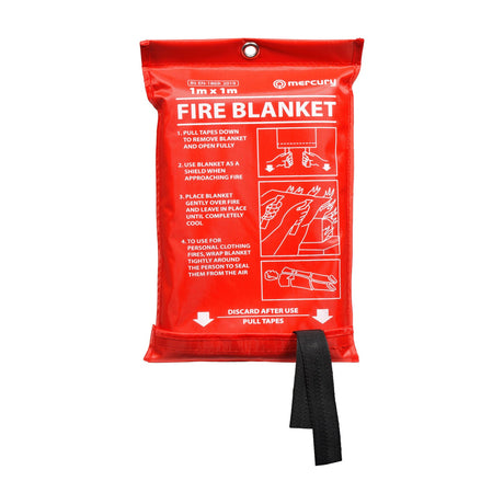 Mercury 1m x 1m fire blanket in a red quick-release wall pouch with printed deployment instructions and black pull tapes, shown on a plain white background.