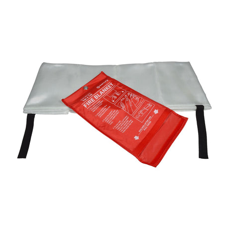 Mercury 1m x 1m fire blanket in white woven glass fabric with red quick-release pouch and black pull tapes, shown on a plain white background.
