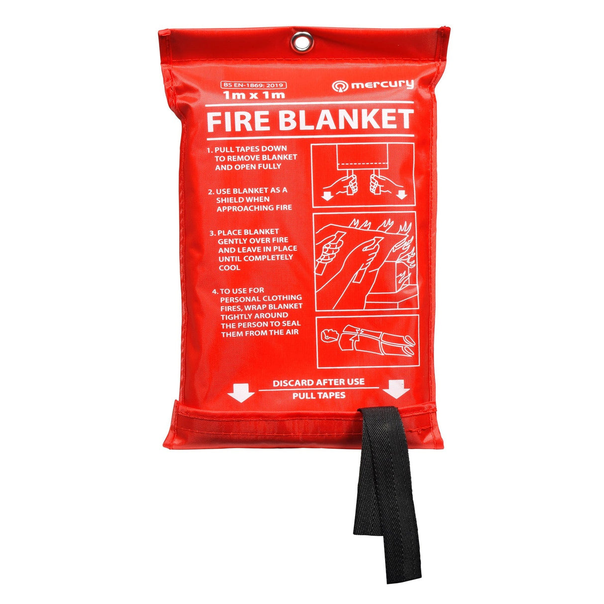 The Mercury Large Fire Blanket - 1m comes in a red pouch, adorned with white-illustrated instructions featuring step-by-step drawings for swift deployment during a fire. It has a quick-release design and an easy-access handle at the bottom. Crafted from durable glass fabric, the brand name Mercury is prominently featured at the top.