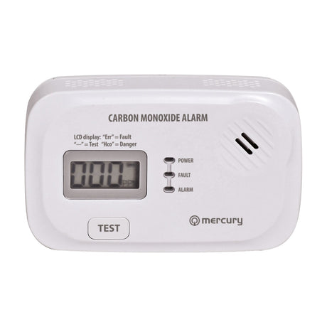 Mercury COD-208A white battery-powered carbon monoxide alarm with LCD display, test button and power, fault and alarm LED indicators on a white background.