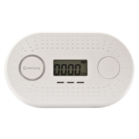 The Mercury Carbon Monoxide Alarm With 10 Year Sealed Battery, featuring a white design with an LCD display showing 0000 PPM, comes equipped with a Test/Push button and a circular speaker design. It includes a 10-year battery for long-lasting reliability, and the brand name Mercury is prominently displayed next to the screen.