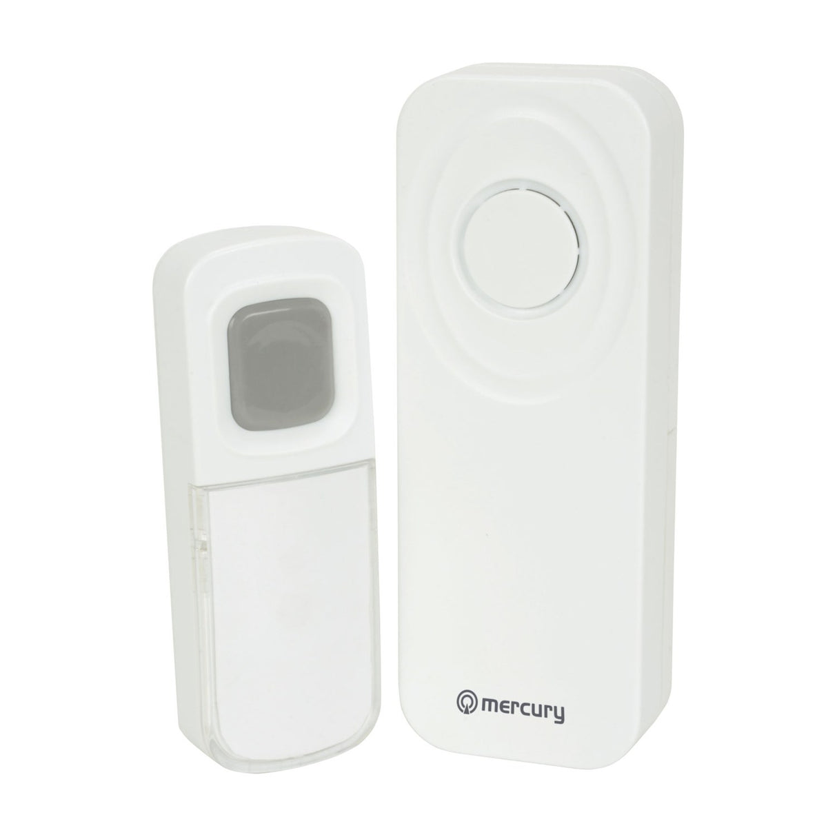 Mercury wireless waterproof doorbell kit in white, showing the IP54 push button with clear name card cover and the portable chime unit, on a plain background.