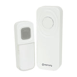 Mercury wireless waterproof doorbell kit in white, showing the IP54 push button with clear name card cover and the portable chime unit, on a plain background.