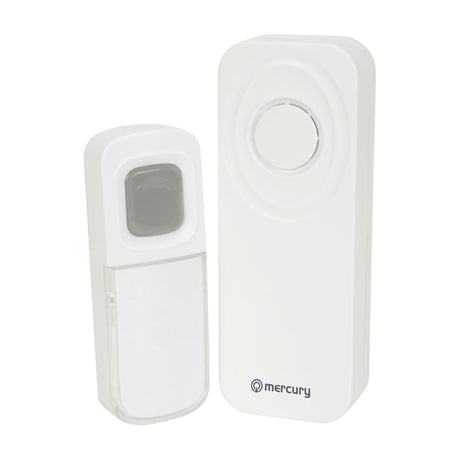Mercury wireless waterproof doorbell kit in white, showing the IP54 push button with clear name card cover and the portable chime unit, on a plain background.