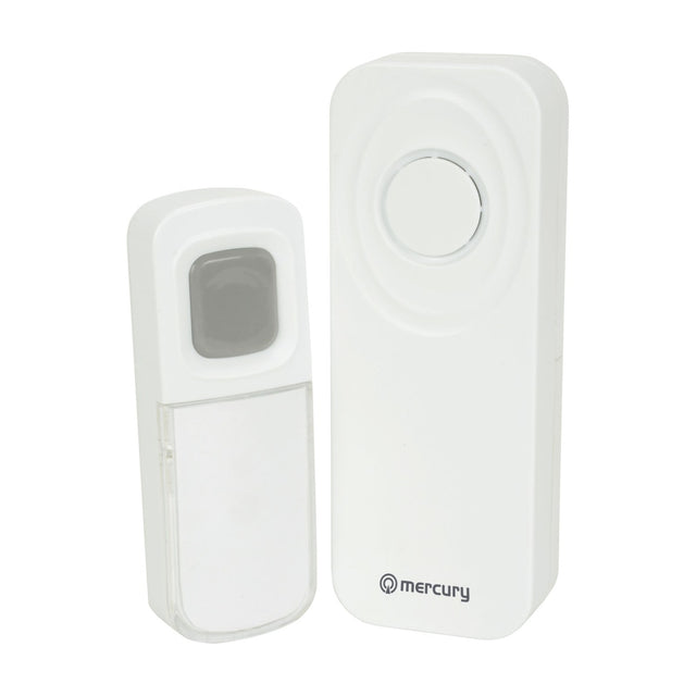 Mercury wireless waterproof doorbell kit in white, showing the IP54 push button with clear name card cover and the portable chime unit, on a plain background.