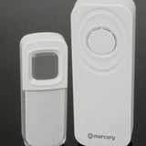 Mercury wireless waterproof doorbell kit in white, showing the compact IP54 push button with clear name card cover beside the portable chime unit.