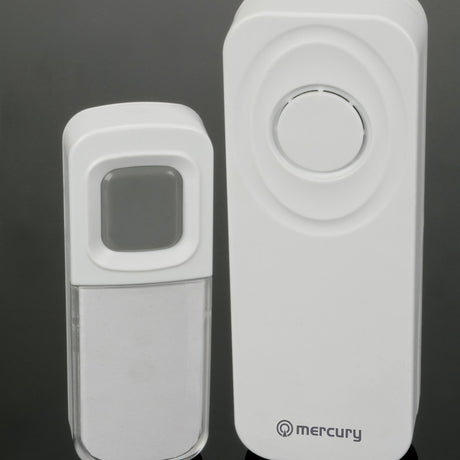 Mercury wireless waterproof doorbell kit in white, showing the compact IP54 push button with clear name card cover beside the portable chime unit.