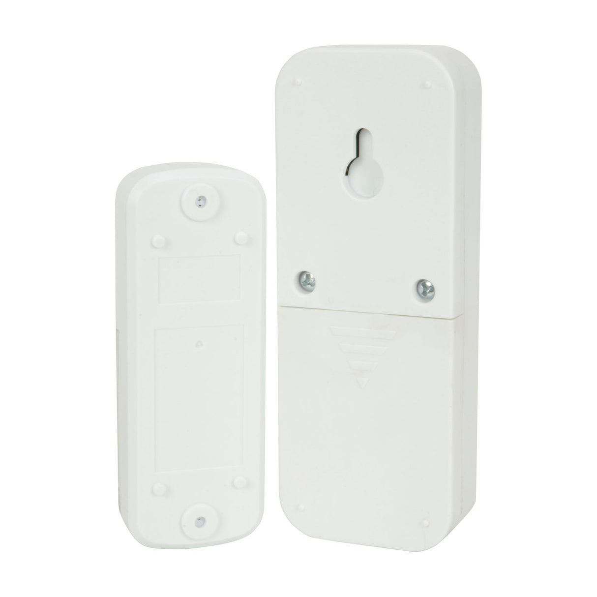 Rear view of the white Mercury wireless waterproof doorbell push button and portable chime, showing keyhole mount and battery compartments.