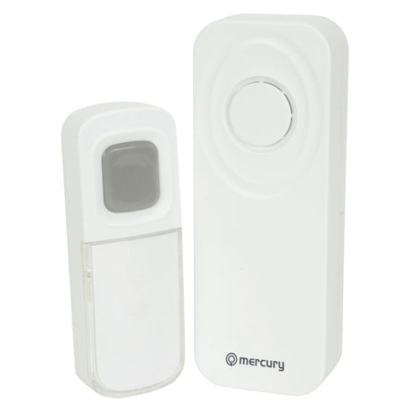 A white Mercury Wireless Waterproof Doorbell set includes a rectangular button with a gray center, and a larger matching chime unit featuring a circular speaker on top. The waterproof IP54-rated chime unit has "mercury" printed at the bottom for added durability.