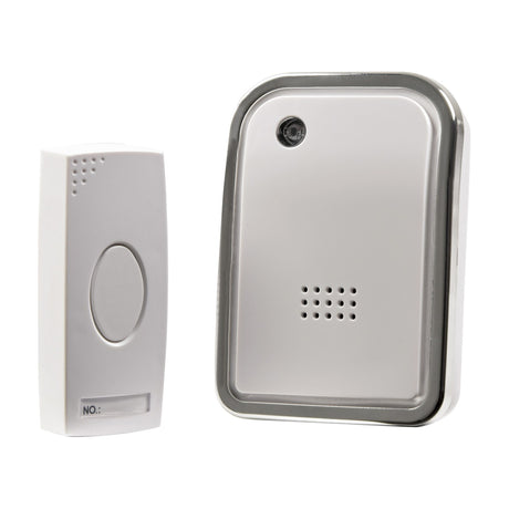 Mercury wireless door chime kit by AVSL with white push-button transmitter and chrome-trimmed receiver featuring LED indicator and speaker grille.