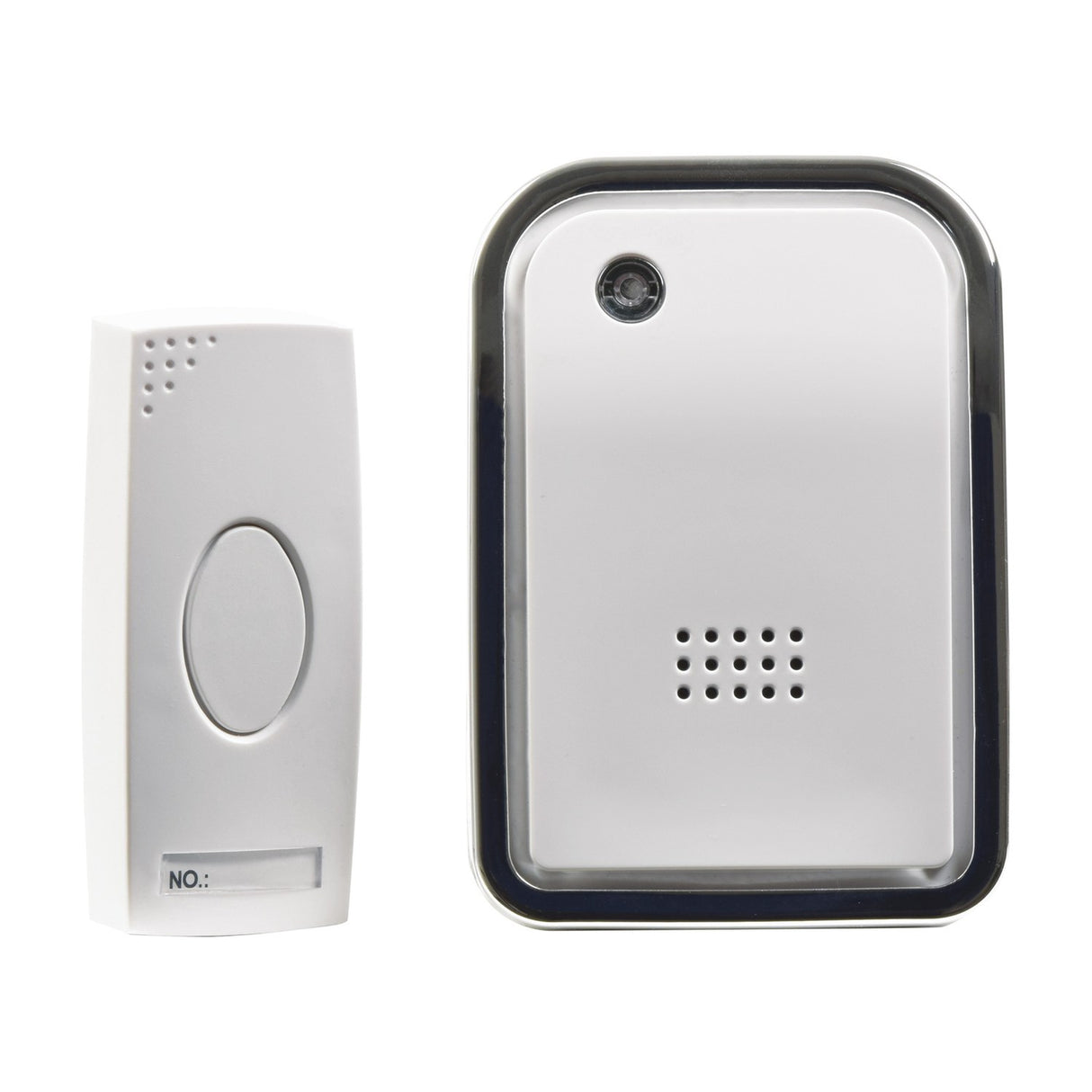Mercury wireless door chime kit by AVSL with white push-button transmitter and chrome-trimmed receiver featuring LED indicator and speaker grille.