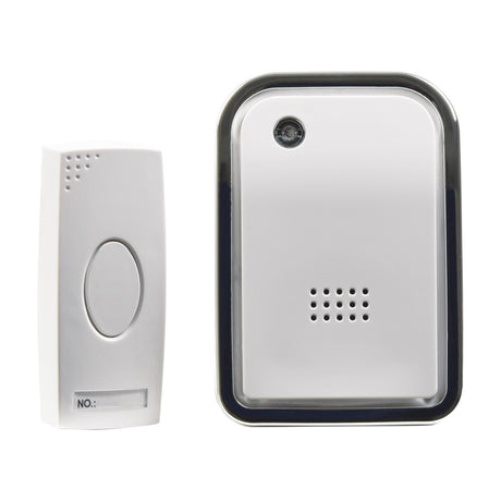 Mercury wireless door chime kit by AVSL with white push-button transmitter and chrome-trimmed receiver featuring LED indicator and speaker grille.
