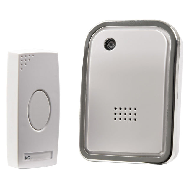 Introducing the Mercury Wireless Door Chime With LED Indicator: a sleek white set including a portable, battery-operated rectangular button with an elegant oval design. The matching receiver unit features a small speaker grille and a circular sensor area on the upper right corner, enhanced with visual indicators for added convenience.