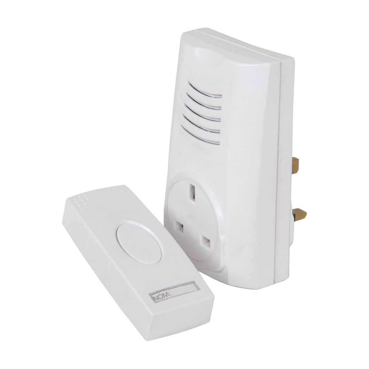 Mercury DB300 wireless door chime with white plug-through receiver, UK 13A pass-through socket, and battery push-button transmitter on a plain background.