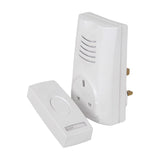Mercury DB300 wireless door chime with white plug-through receiver, UK 13A pass-through socket, and battery push-button transmitter on a plain background.