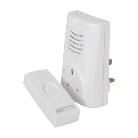 Mercury DB300 wireless door chime with white plug-through receiver, UK 13A pass-through socket, and battery push-button transmitter on a plain background.