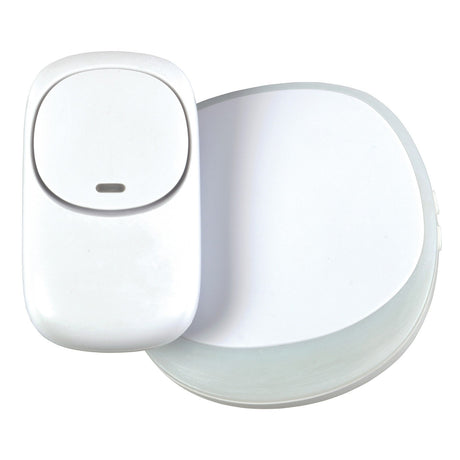 Introducing the Mercury Wireless Plug-In Doorbell With LED Alert - White, featuring a sleek, minimalist design. This doorbell offers 38 distinct ring tones and includes a rounded rectangular button alongside an oval-shaped chime unit. Both components have smooth surfaces and the added convenience of an LED light alert.