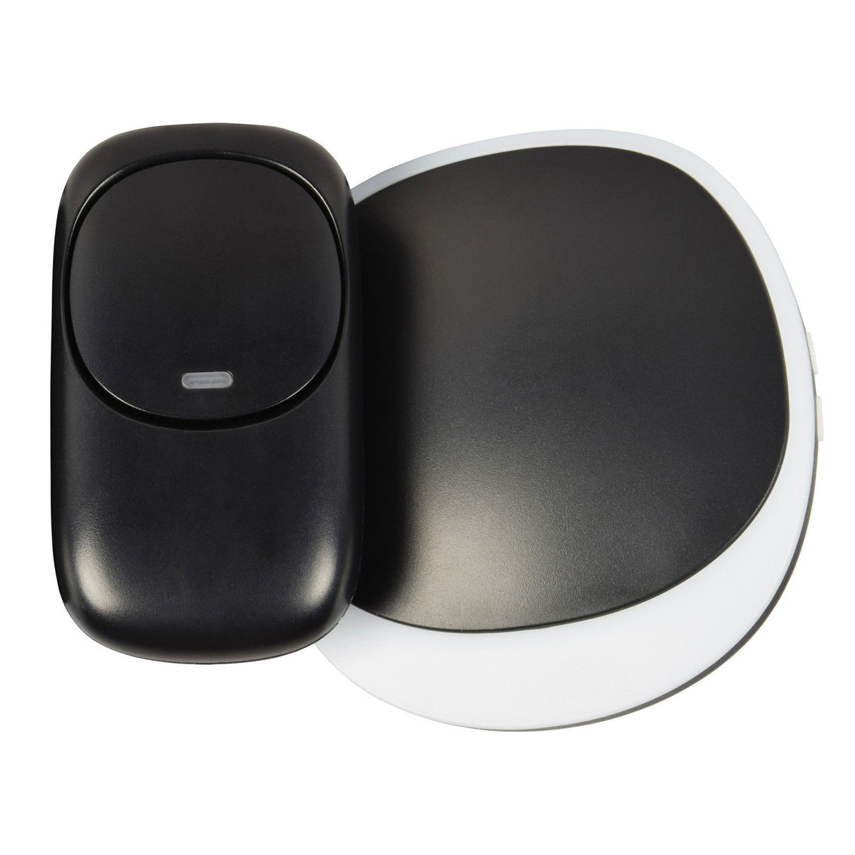 A black wireless doorbell with LED alert sits next to a black mouse pad with a white border, both resting on a sleek white background.