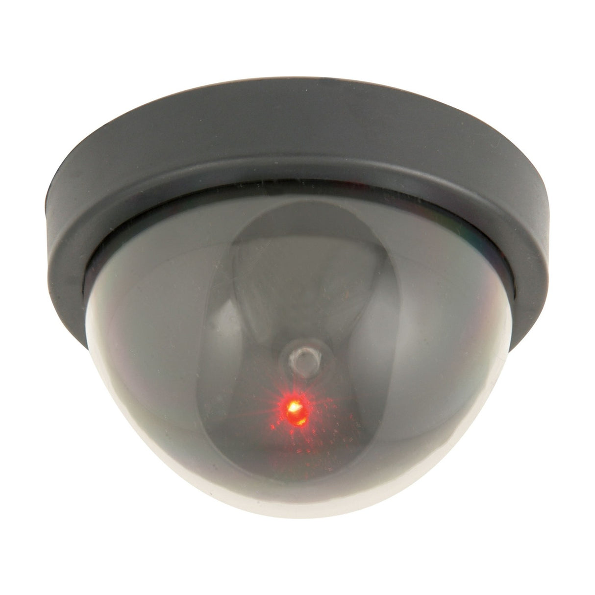 Mercury dummy dome CCTV camera by AVSL with black base, translucent dome and flashing red LED, shown on a plain white background.