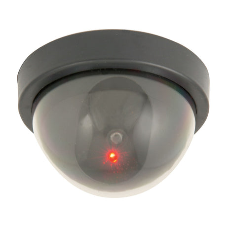 Mercury dummy dome CCTV camera by AVSL with black base, translucent dome and flashing red LED, shown on a plain white background.