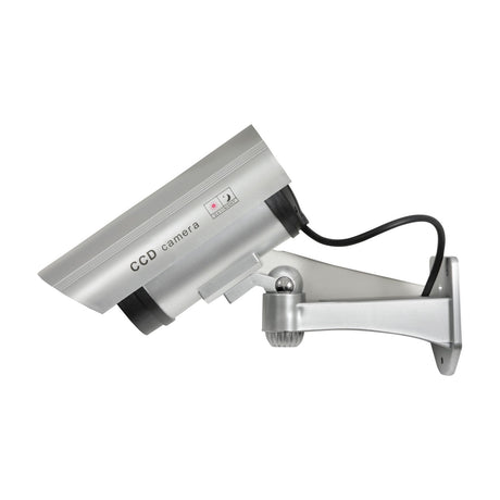 Mercury dummy IR bullet CCTV camera by AVSL in silver plastic with mock cable and adjustable wall bracket, shown side-on against a plain white background.