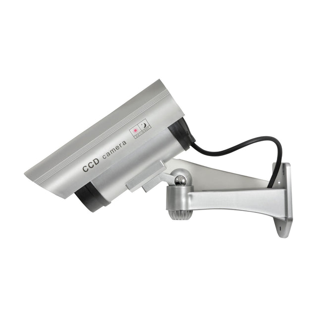 Mercury dummy IR bullet CCTV camera by AVSL in silver plastic with mock cable and adjustable wall bracket, shown side-on against a plain white background.