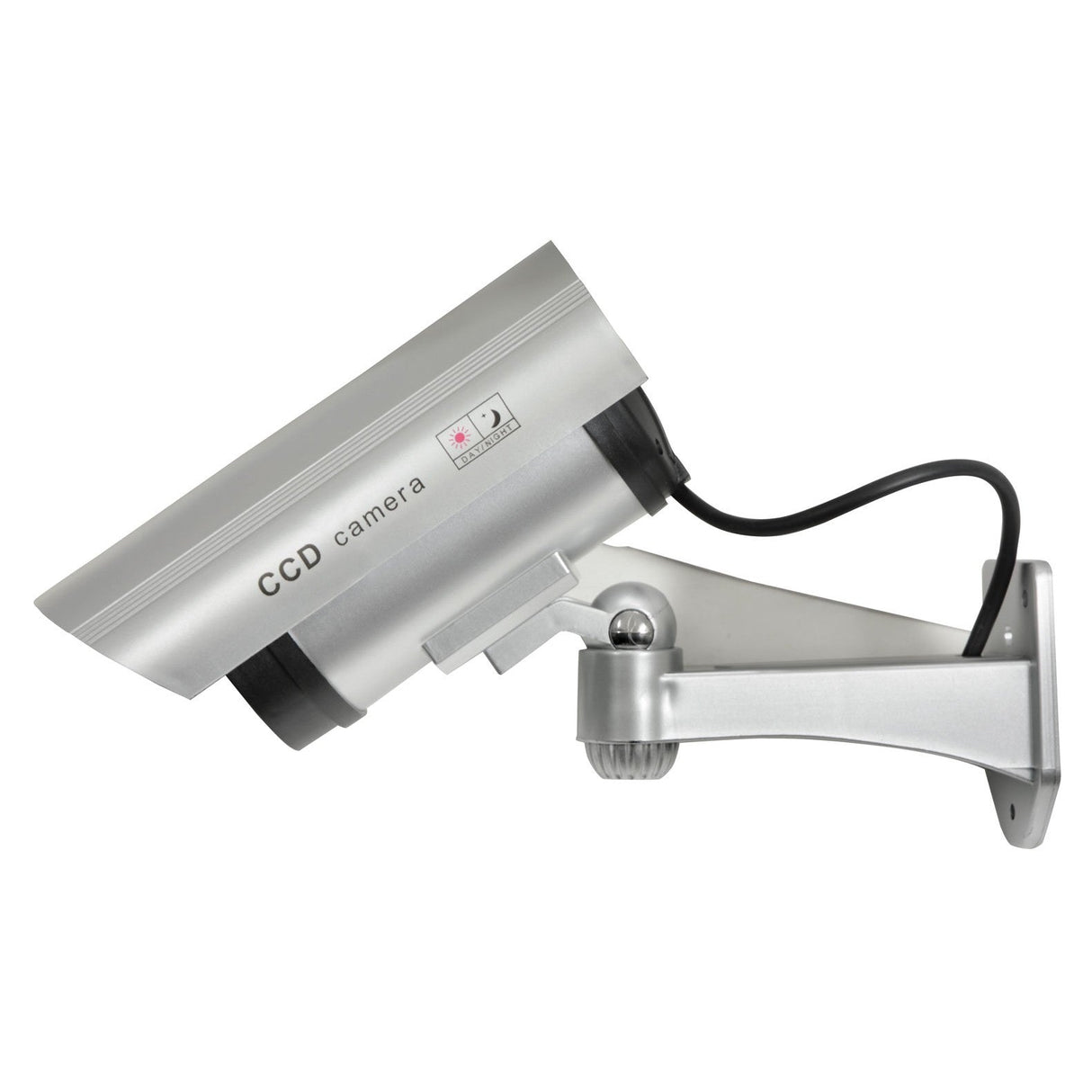 A Mercury Dummy IR Bullet CCTV Camera, finished in silver, is mounted at an angle on an adjustable bracket. It features a label that reads "CCD camera" and includes a diagram highlighting its customizable positioning.