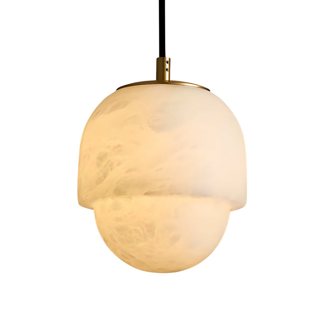 The Esmira 1 Light Layered Dome Alabaster Single Pendant Light features a marbled glass shade in soft white, suspended by a black cord and accented with a brushed brass fixture for a modern look.