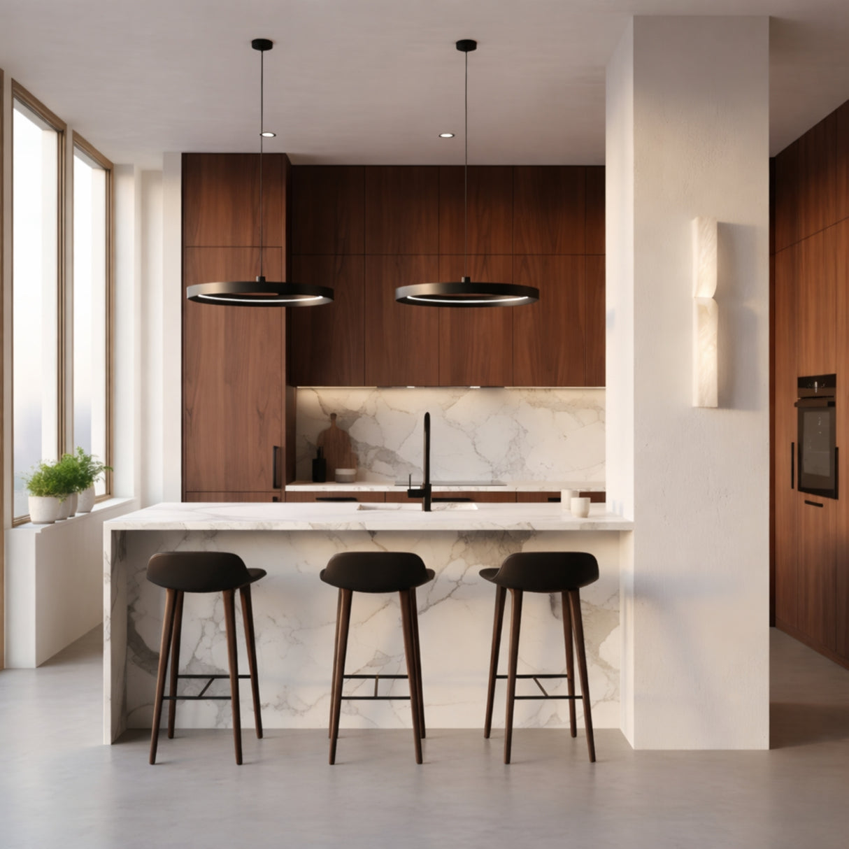 Modern kitchen with dark wood cabinets, a marble island with three black barstools, pendant lights, built-in oven, and large windows. The Vera LED Small Silhouette Alabaster Wall Light – Soft White adds subtle elegance above the potted plant.