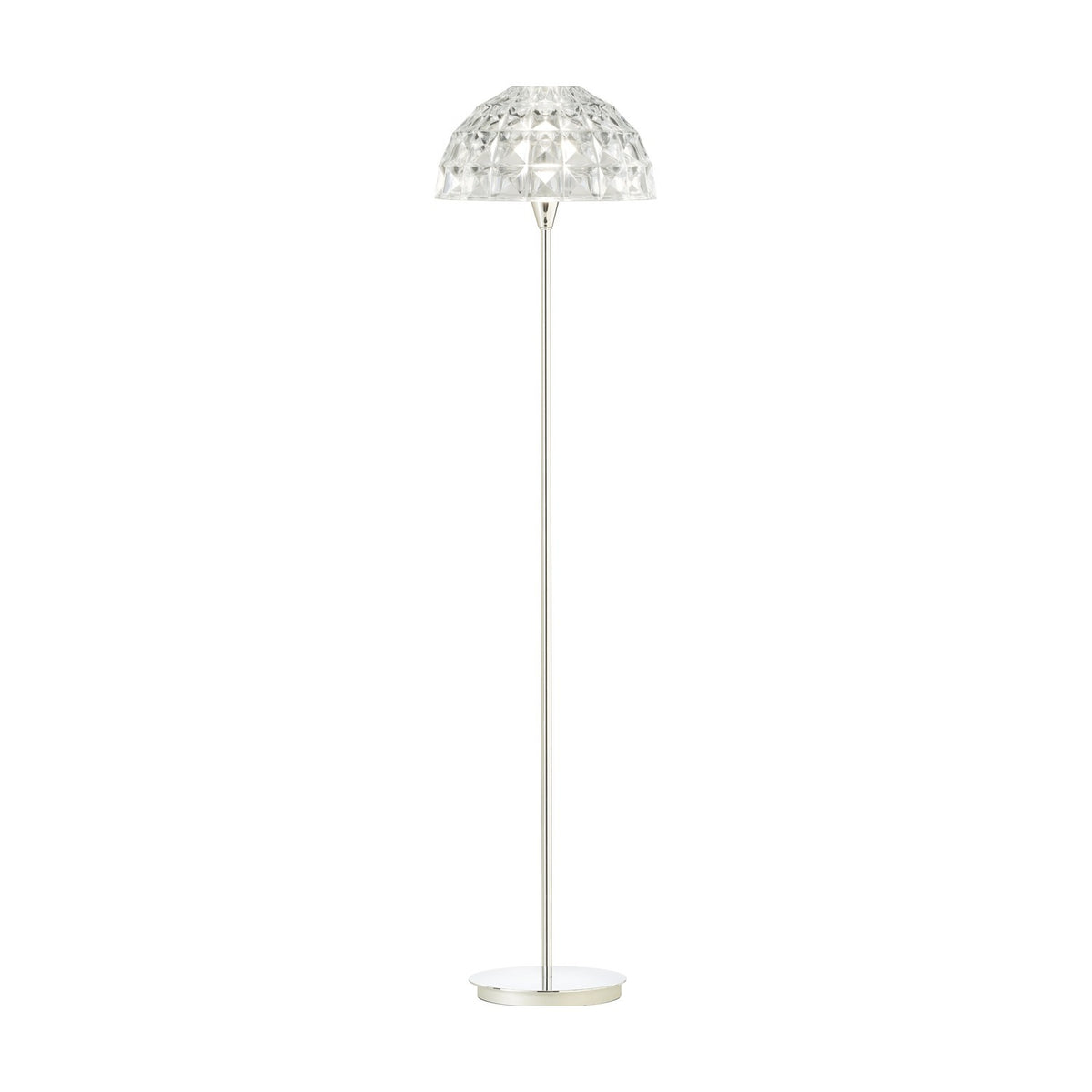 Deco Crystal Floor Lamp with a tall slim chrome stem and round base, topped by a faceted clear crystal dome shade, shown on a plain white background.