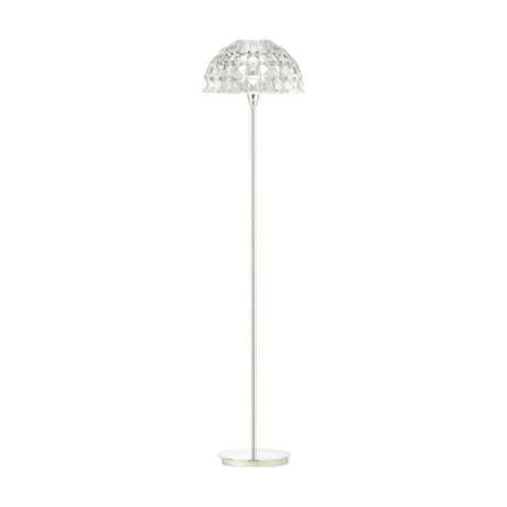 Deco Crystal Floor Lamp with a tall slim chrome stem and round base, topped by a faceted clear crystal dome shade, shown on a plain white background.