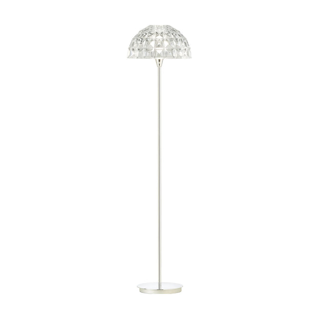 Deco Crystal Floor Lamp with a tall slim chrome stem and round base, topped by a faceted clear crystal dome shade, shown on a plain white background.