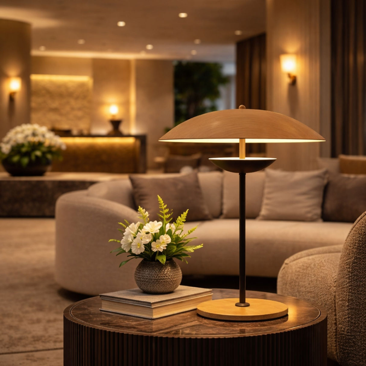A modern hotel lobby features a round wooden table topped with the Ginger LED Table Lamp - Black & Brown, a small potted flower arrangement, and stacked books, while a sleek pendant light overhead adds inviting warmth to the elegant space.