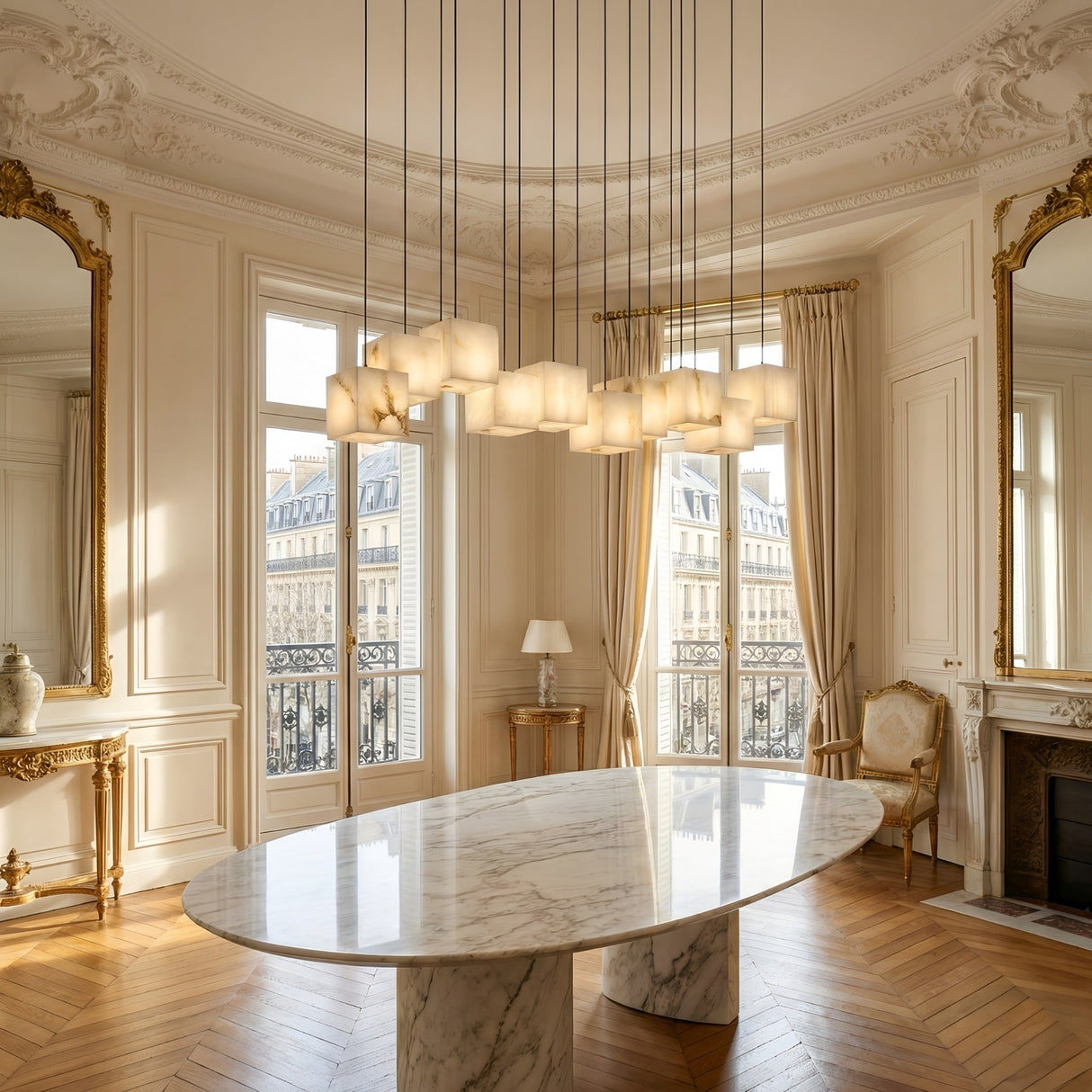 Niori Elmyra 10 Light Linear Alabaster Suspension in Soft White with staggered cuboid shades above an oval marble table in a Parisian dining room.