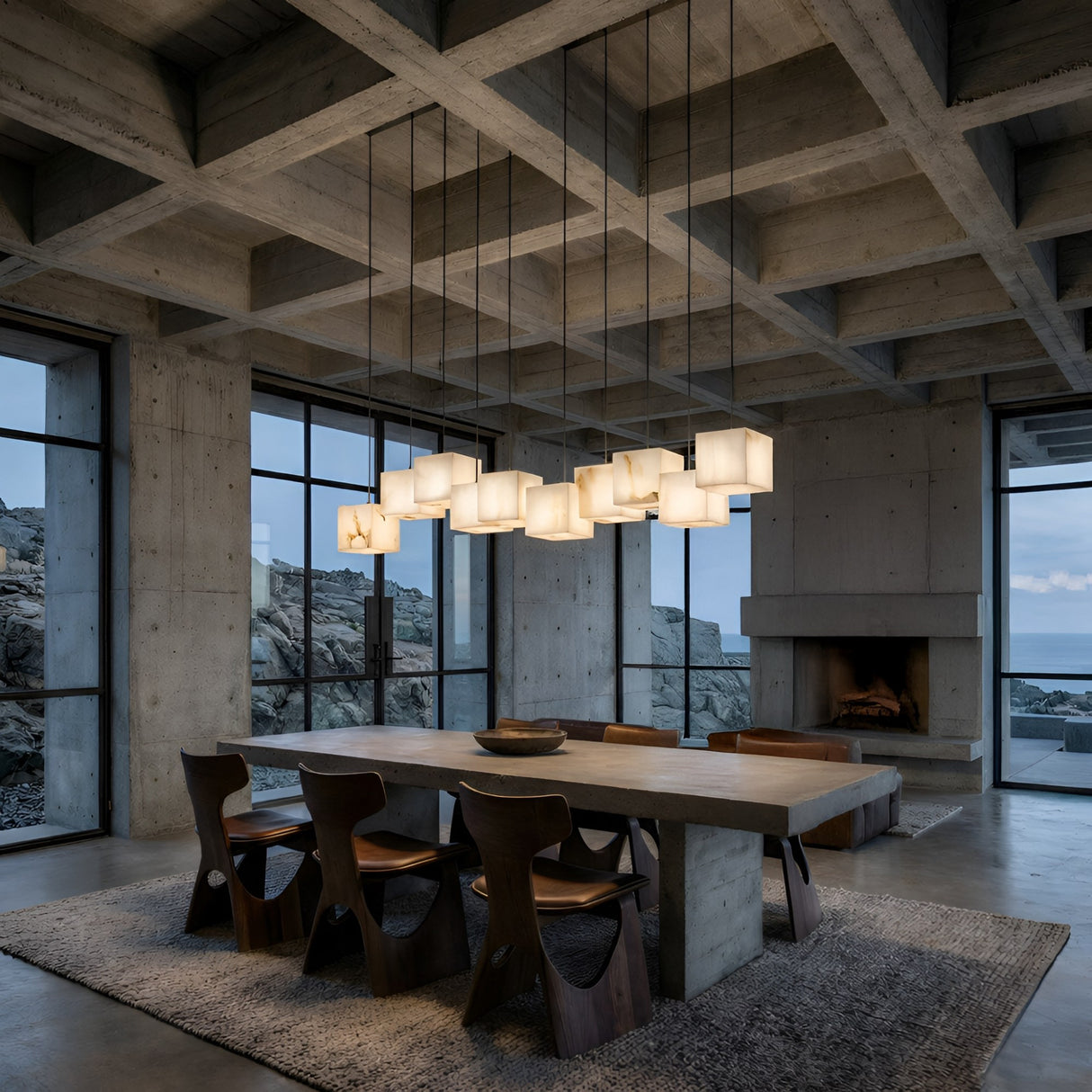 Niori Elmyra 10 Light Linear Alabaster Suspension in soft white, with staggered cuboid alabaster shades, lighting a concrete dining room with sea views.