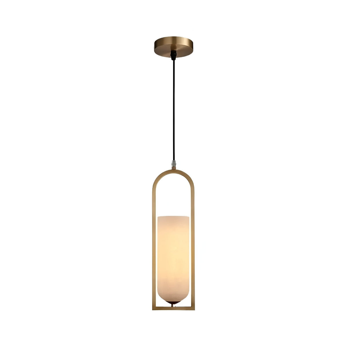 The Arvion 1 Light Slim Capsule Alabaster Single Pendant Light features a cylindrical alabaster shade in soft white, suspended within a brushed brass frame and hanging from a black cord with a round brass ceiling mount.