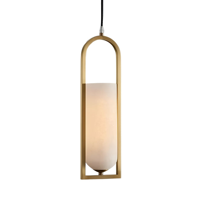 The Arvion 1 Light Slim Capsule Alabaster Single Pendant Light features a soft white alabaster shade in a vertical, oval brushed brass frame, suspended by a black cord for a modern look.