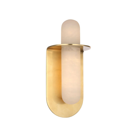 The Luneth LED Small Alabaster Wall Light in brushed brass features a rounded rectangular backplate and a frosted cylindrical shade, offering soft, warm illumination.