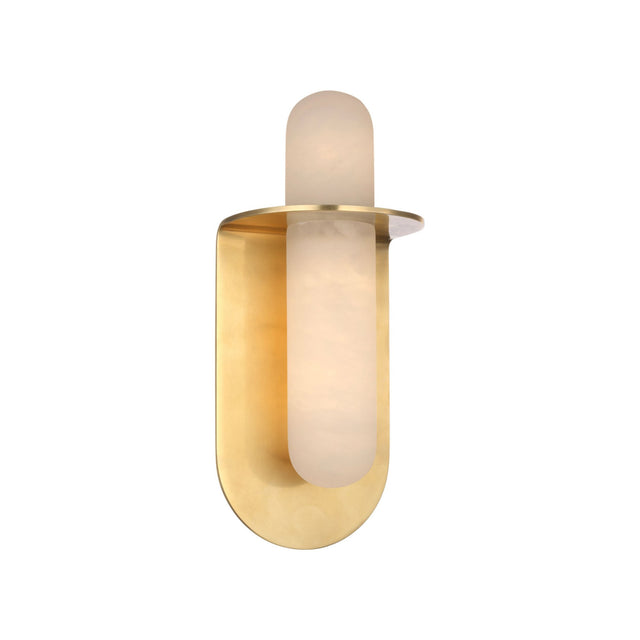 The Luneth LED Small Alabaster Wall Light in brushed brass features a rounded rectangular backplate and a frosted cylindrical shade, offering soft, warm illumination.