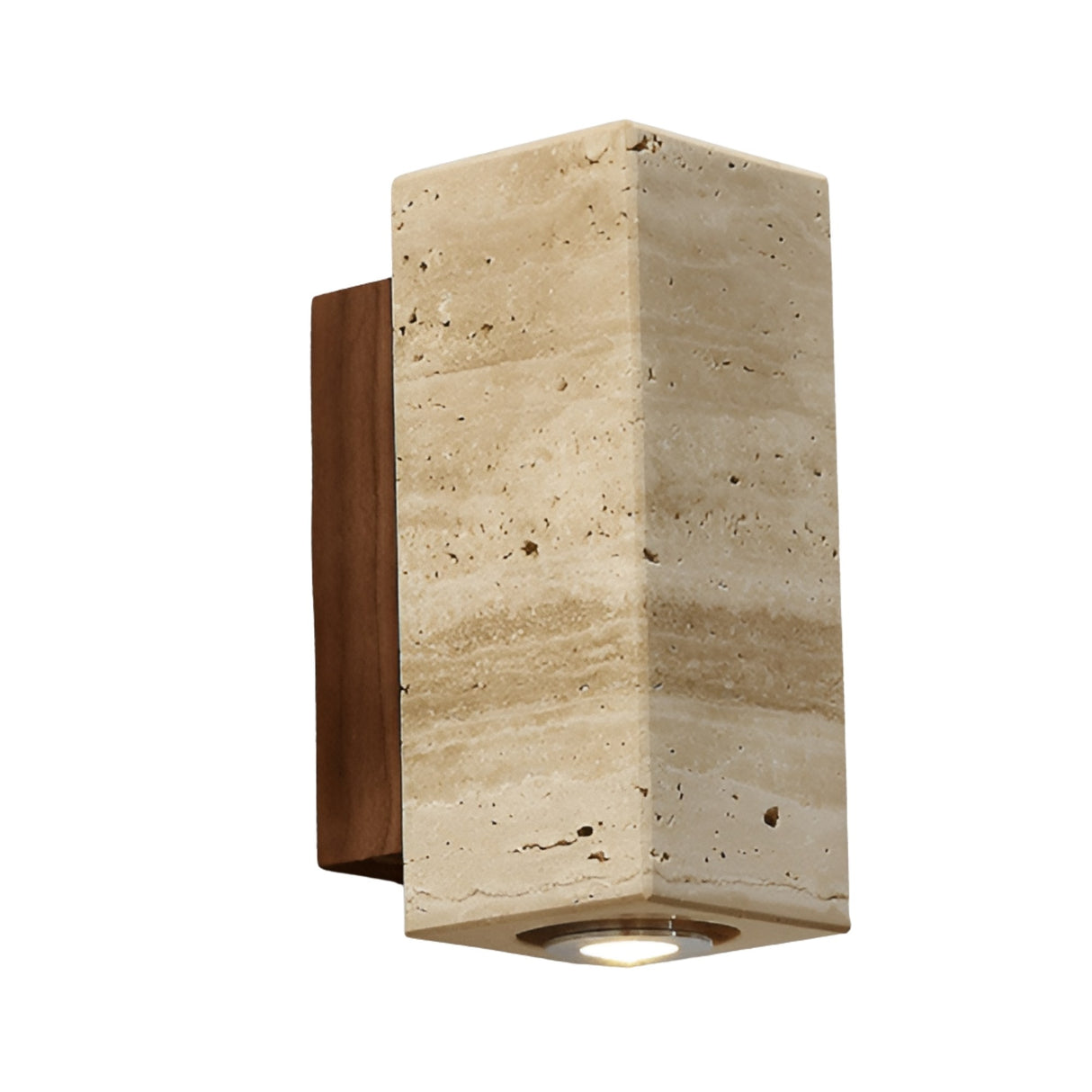 The Bravora 1 Light Small Rectangle Travertine Wall Light features a box-like design in light beige travertine with natural streaks, a bottom light source, and a walnut brown backplate for an elegant modern look.