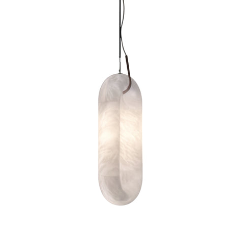 The Serava LED Small Alabaster Single Pendant Light – Soft White pairs an elongated alabaster shade with a black cord, offering modern minimalist style and a soft, diffused glow.