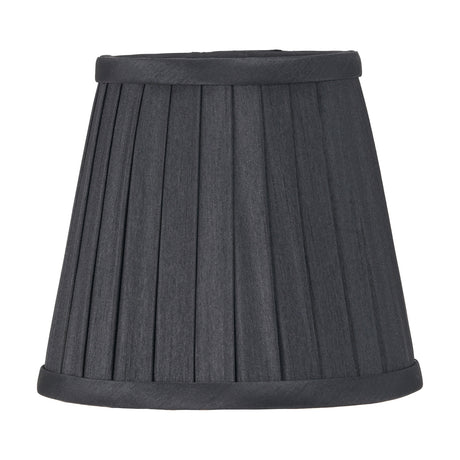 Lyndon Black Silk Mix Knife Pleated Tapered Lampshade, 16cm, in fabric with fine vertical pleats and a bound trim, shown on a plain white background.