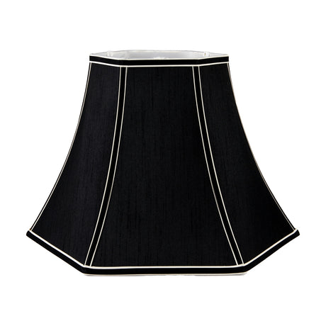Lyla Black Silk Mix Bowed Lampshade, 50cm, hexagonal bowed shape with white piping detail and white interior, shown on a plain white background.