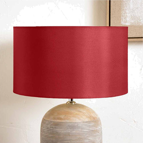 Zara Mulberry Lampshade, a 40cm wide cylinder drum shade in deep red silk, shown on a wooden lamp base against a plain light background.