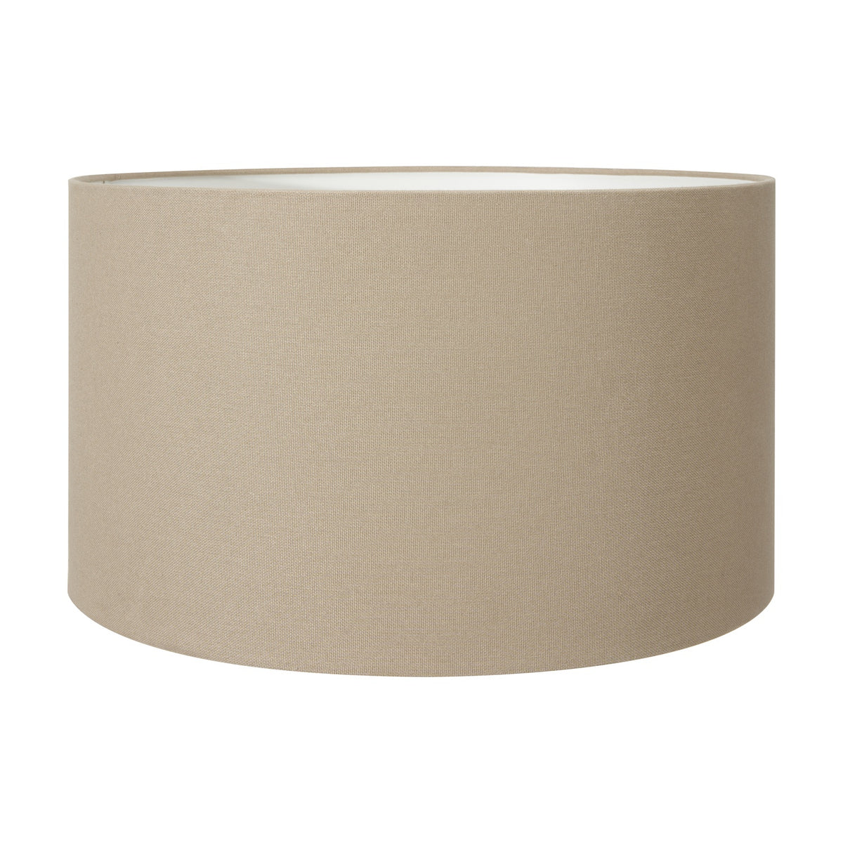 Henry Taupe Handloom Cylinder Lampshade, 35cm, in taupe fabric with a white interior, shown on a plain white background.