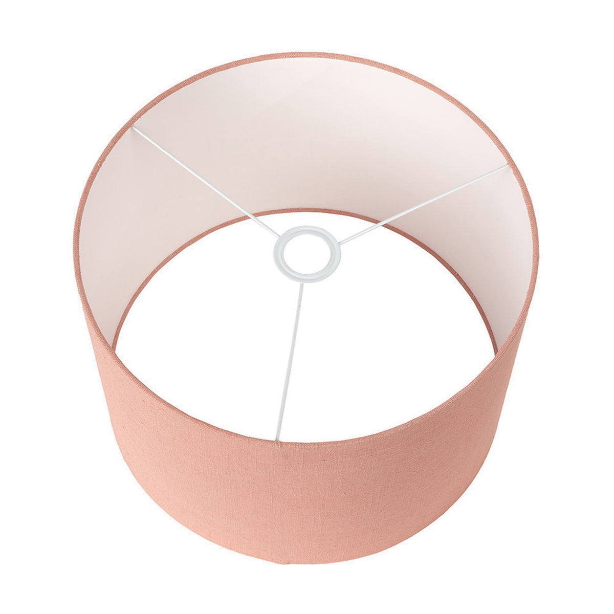 Edward Apricot Linen Cylinder Lampshade, 50cm, shown from above on a white background, revealing the white interior lining and white cross-brace fitter.