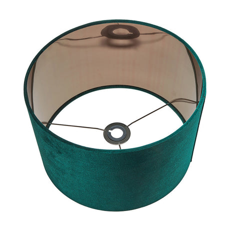 Bow Forest Green Velvet Cylinder Lampshade, 30cm, shown from above revealing its gold-toned interior lining and gimbal fitting, on a plain white background.