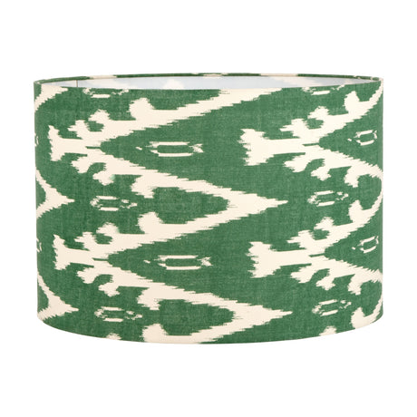 Lars Racing Green Ikat Cylinder Lampshade, 35cm, fabric drum shade with a repeating green and cream ikat pattern, shown on a plain white background.