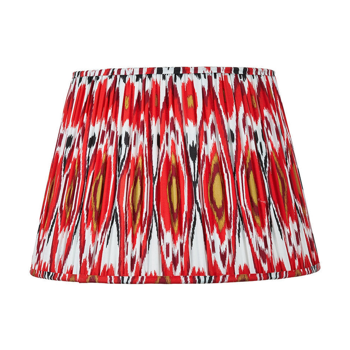 Izara Red Ikat Pleated Tapered Lampshade, 45cm, in red, white, black and gold ikat-pattern fabric with pleated finish, shown on a plain white background.