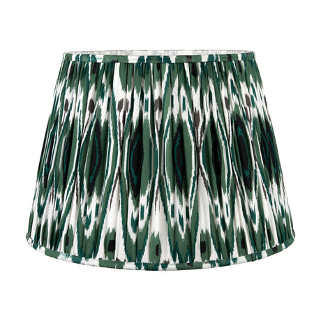 Izara Racing Green Ikat Pleated Tapered Lampshade, 45cm, in fabric with green, black and white pattern and gathered pleats, shown on a plain white background.
